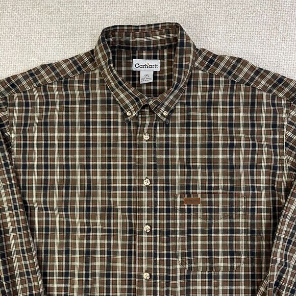 Vintage Carhartt Button Down Shirt Men's 2XL Tall Green Beige Plaid Workwear S94 - Picture 2 of 7